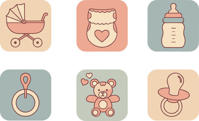 Baby stroller icon, diaper symbol, baby bottle illustration, rattle toy design, teddy bear graphic, pacifier vector, childcare essentials, pastel background