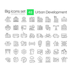 Urban development line icons set. Urbanization strategy integration. Smart city trends. Innovation management. Isolated vector outline illustrations. Thin lineart iconset symbols. Editable stroke