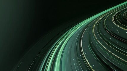 Capturing the dynamic flow of modern technology with vibrant green light trails and subtle glowing orbs against a dark backdrop