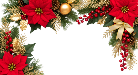Christmas garland corner decoration with red poinsettias, gold glitter, pine cones, and red berries, isolated on transparent background