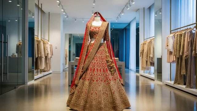 Elegant red and gold bridal lehenga on display in a modern boutique store video generative ai