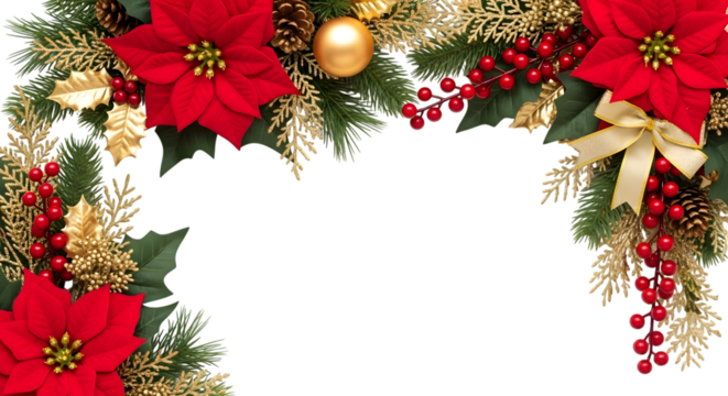 Christmas garland corner decoration with red poinsettias, gold glitter, pine cones, and red berries, isolated on transparent background