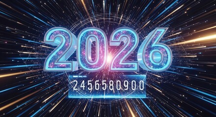 Dynamic 2026 new year design with vibrant light trails and futuristic numbers for celebrations and modern technology themes, perfect for digital marketing