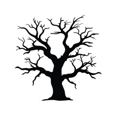 Silhouette of a stark, leafless tree against a white background in black, dead tree with twisted branches silhouette vector illustration