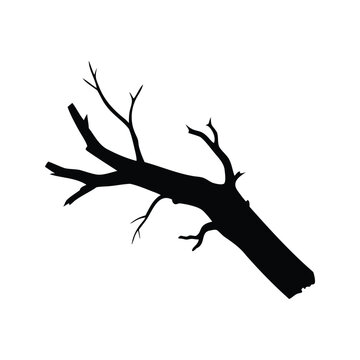 Silhouette of a fallen tree trunk with bare branches against white background, dead thick branch silhouette vector illustration