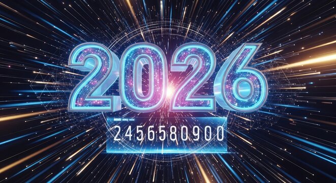 Dynamic 2026 new year design with vibrant light trails and futuristic numbers for celebrations and modern technology themes, perfect for digital marketing