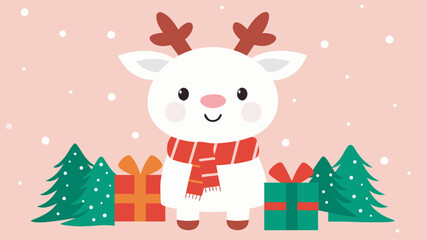 Naklejka premium Delightful Christmas Reindeer with Scarf, Trees, and Gifts - Perfect for Holiday Greetings, Festive Designs, and Seasonal Cheer, originally vector graphics