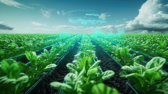 The concept of a "smart farm," with rows of crops monitored by small, ground-based sensors and an overhead drone, data overlays showing soil moisture and plant health,  - Powered by Adobe