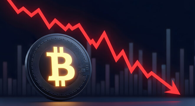 A red declining arrow over a Bitcoin symbol and bar chart, representing a cryptocurrency market crash or bear market. - Powered by Adobe