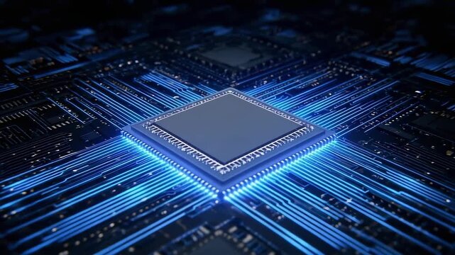 Close-up of a microprocessor on a circuit board with bright blue illuminated traces.