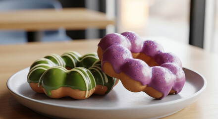 Two Japanese Pon de Ring Mochi Donuts: Vibrant Matcha Green Tea and Sparkling Ube Purple Glaze, Artfully Plated in a Modern Cafe