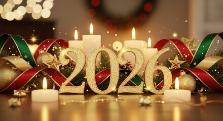 Celebrate a sparkling New Year 2026 with festive candles, glittering ornaments, and colorful ribbons bringing hope and joy for a bright future ahead
