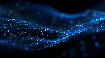 Dynamic network of glowing blue particles flowing through abstract digital space, representing data connectivity and futuristic technology.