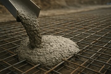 Concrete being poured onto a steel grid for construction purposes.