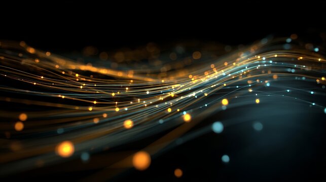 Dynamic glowing digital network streams with vibrant bokeh lights creating a futuristic abstract technological background for data concepts