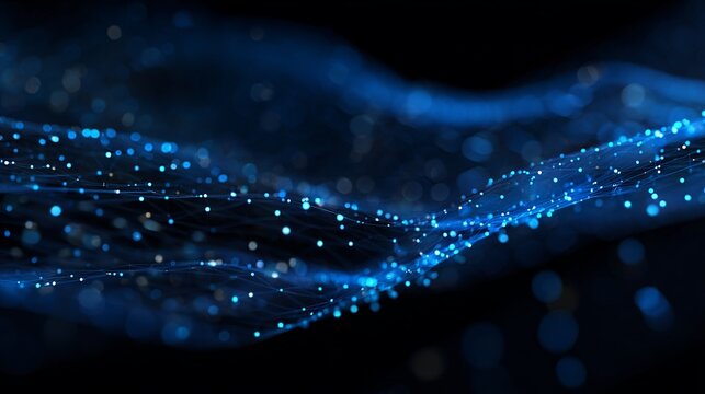 Dynamic network of glowing blue particles flowing through abstract digital space, representing data connectivity and futuristic technology.