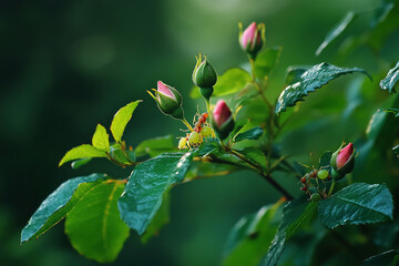 Obraz premium close-up of ants farming aphids on rose bush, surrounded by lush green leaves