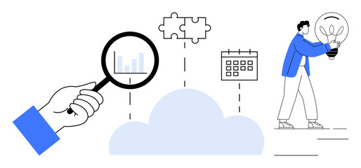 Magnifying glass analyzing data, puzzle pieces, calendar, person holding light bulb, cloud center. Ideal for research, innovation, productivity planning creativity technology teamwork. Clean