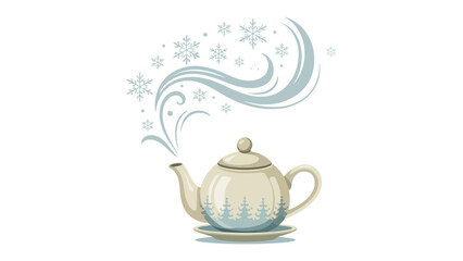 Winter Brew: A cozy illustration of a teapot emitting swirls of steam, dotted with snowflakes, evoking a warm and inviting atmosphere.