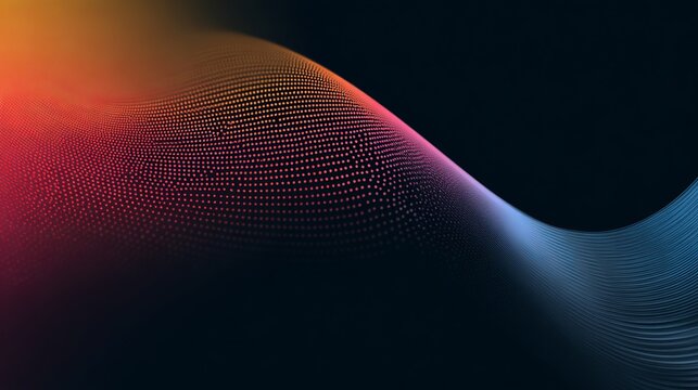 Vibrant digital wave of glowing dots flows dynamically across dark background, representing data flow and modern technology