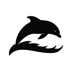 Black and white silhouette of a dolphin jumping out of water, dolphin surfing wave silhouette vector illustration