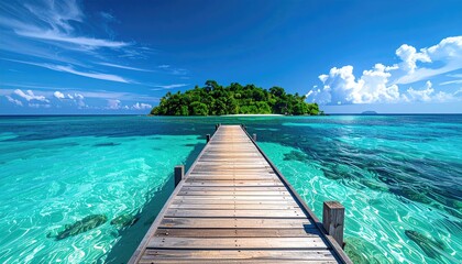 Wooden pier leading to a small tropical island in turquoise ocean water under bright sunny sky with lush green palm trees and fluffy white clouds