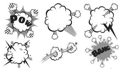 vector set featuring retro comic book-style elements, including explosions, smoke clouds, motion lines, lightning bolts, and onomatopoeia text, Ideal for pop art graphics, graphic novel illustrations