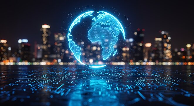 Glowing Earth Globe on Circuit Board with City Skyline at Night planet world