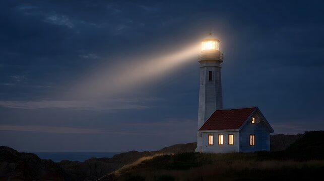 A solitary white lighthouse stands tall on a rocky coast casting a powerful beam of light across the dark cloud filled sky at dusk