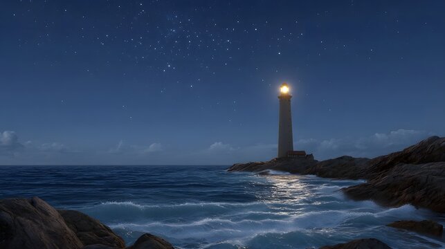 A solitary lighthouse illuminates the dark ocean waves and rocky coast under a starlit sky