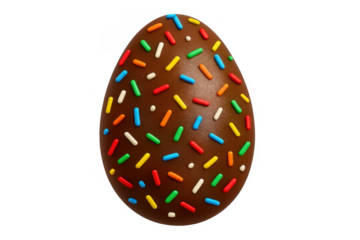 Chocolate easter egg with colorful sprinkles on transparent background