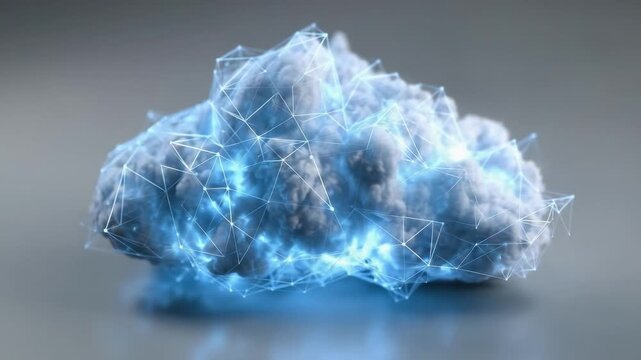 A blue cloud with a glowing geometric mesh of connected lines and nodes, like a digital data network.