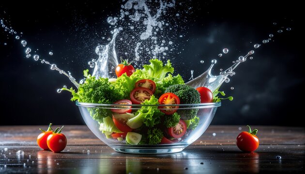 A dynamic glass salad bowl with fresh vegetables (tomatoes, lettuce, broccoli) and water splashing outward. - Powered by Adobe