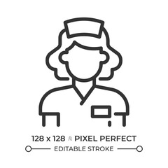 Nurse pixel perfect line icon. Person trained to care for patients in hospital. Medical staff career. Healthcare. Isolated vector illustration. Outline symbol. Simple linear drawing. Editable stroke