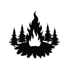 Black silhouette illustration of a campfire surrounded by pine trees and foliage, forest campfire silhouette vector illustration
