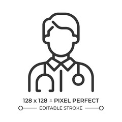 Doctor pixel perfect line icon. Physician in robe with stethoscope. Medical staff. General practitioner. Isolated vector illustration. Outline symbol. Simple linear drawing. Editable stroke