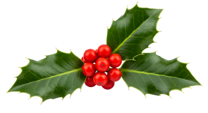 A single sprig of bright red holly berries with sharp green leaves, isolated on a transparent background