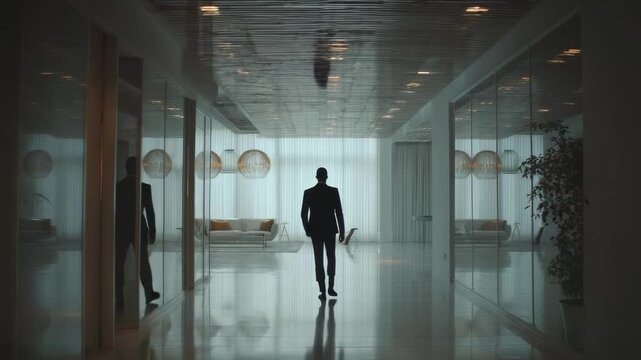 Silhouette of a man in a suit walking down a glossy glass-walled hallway toward a bright lounge area with seating.
