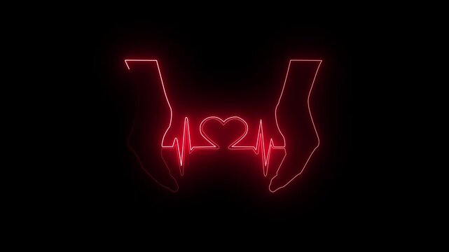  Neon glowing heartbeat and hand pulse line animation. glowing line animation on black background red heart 4k vedio.