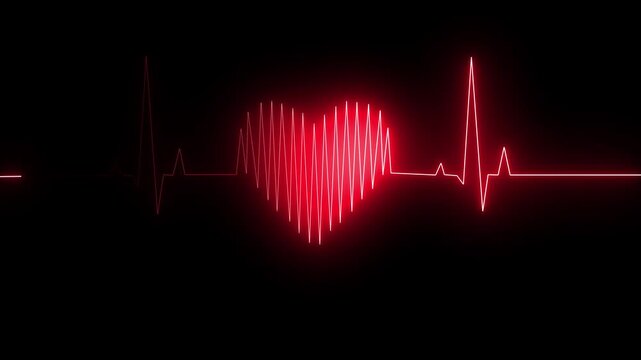 Neon glowing heartbeat pulse line animation. glowing  line animation on black background red heart  4k vedio.