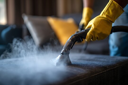 Professional cleaning worker steam sanitizing sofa upholstery
