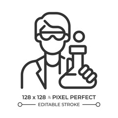 Scientist pixel perfect line icon. Man chemist holding flask of liquid. Specialist conducting lab testing. Isolated vector illustration. Outline symbol. Simple linear drawing. Editable stroke