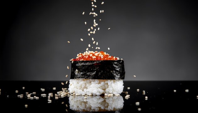 A gunkan maki sushi being topped with salmon roe and sesame seeds in mid-fall.