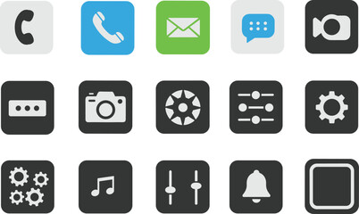 Smartphone app icons set, communication, call, chat, email, video, password, camera, music, settings, sliders, notification, gear, vector illustration