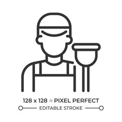 Plumber pixel perfect line icon. Man worker with plunger. Repairing pipes, fittings,and water supply job. Isolated vector illustration. Outline symbol. Simple linear drawing. Editable stroke