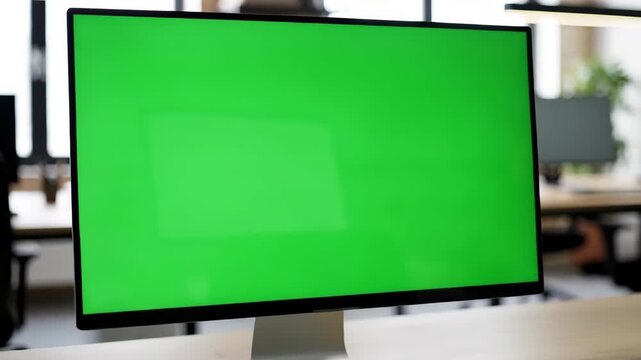 Close-up shot of a modern computer monitor with a bright green screen, ready for compositing.