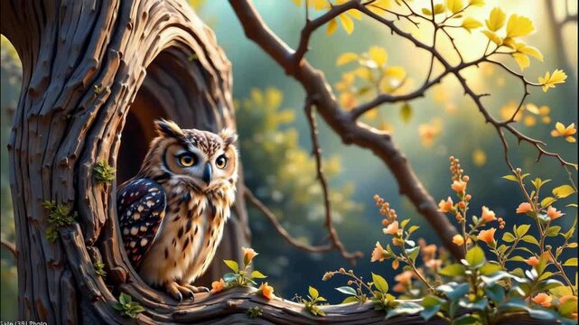 The images depict a close up view of a small owl perched on the hollowed out opening of a tree trunk