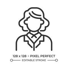 Businesswoman pixel perfect line icon. Female entrepreneur career. Women business leader. Corporate job. Isolated vector illustration. Outline symbol. Simple linear drawing. Editable stroke