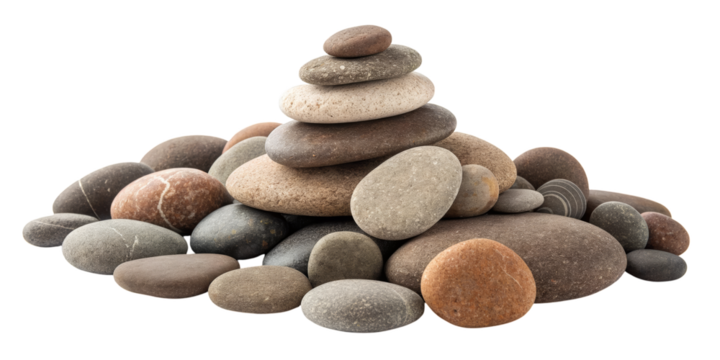 Pile of smooth balanced stones isolated on white background. Natural pebbles in zen composition symbolizing harmony, balance, meditation, and relaxation