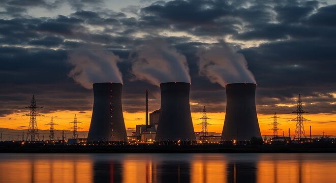 Nuclear Power Plant Cooling Towers Emitting Steam at Sunset with Water Reflection power station energy